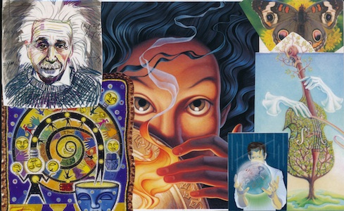 SoulCollage® card with images related to curiosity, including a drawing of Albert Einstein