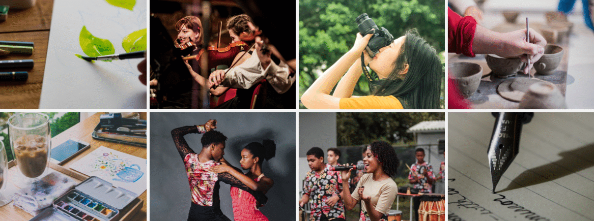 Banner collage showing people doing a variety of creative things