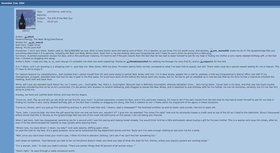 Screenshot of fanfiction on LiveJournal in 2004